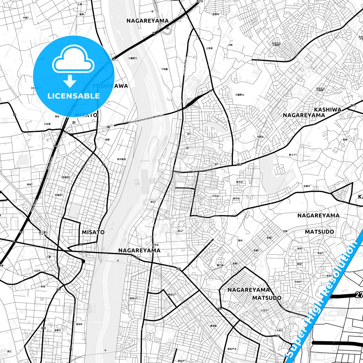 Nagareyama, Japan Light Map with Street Names, City Names, and Districts