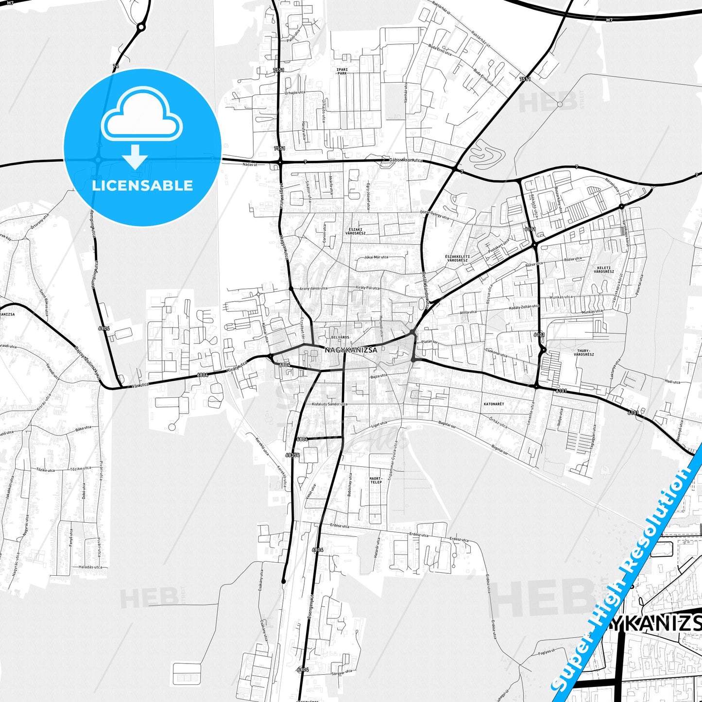 Nagykanizsa, Hungary Light Map with Street Names, City Names, and Districts
