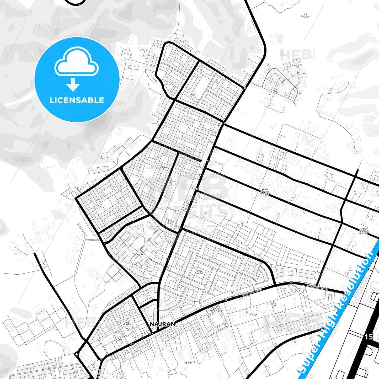 Najran, Saudi Arabia Light Map with Street Names, City Names, and Districts