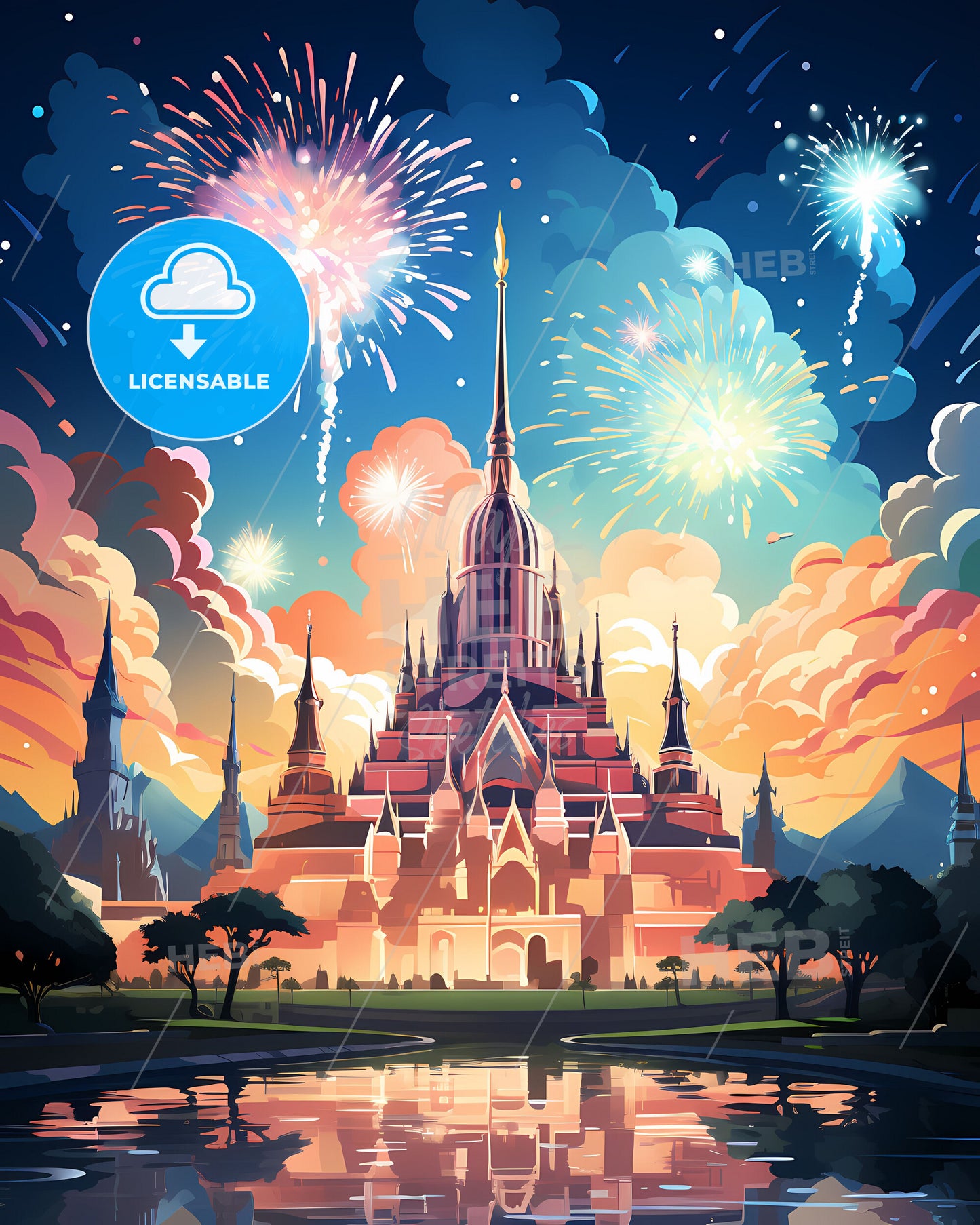 Vibrant Painting of Nakhon Ratchasima Thailand Skyline with Castle and Fireworks Celebrating Art