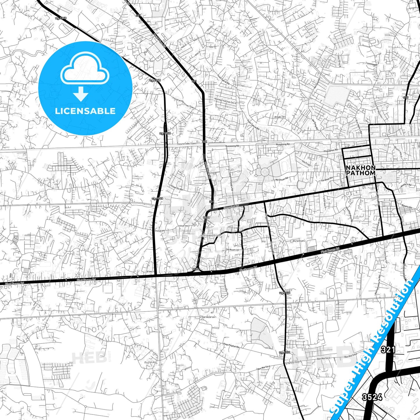 Nakhon Pathom, Thailand Light Map with Street Names, City Names, and Districts