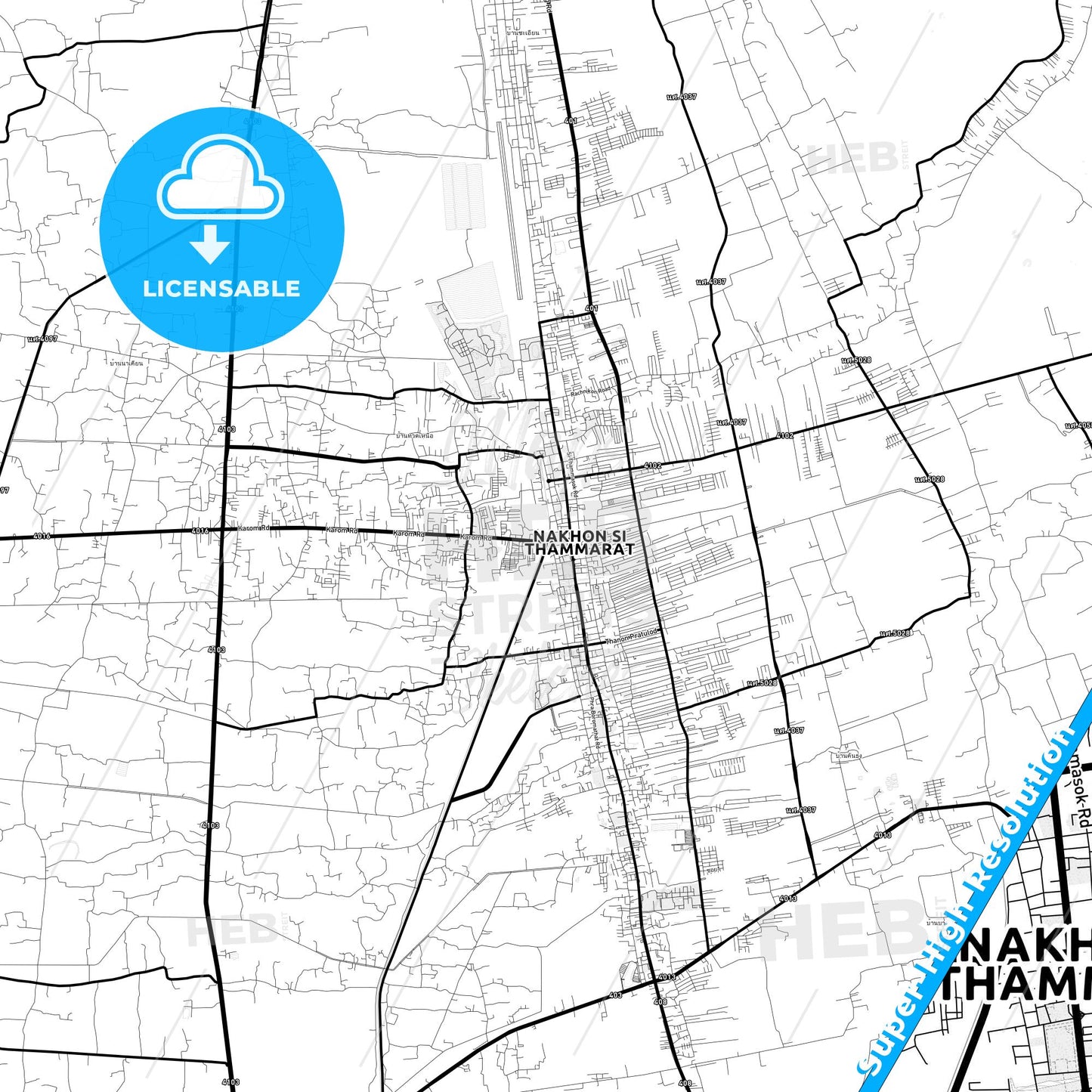 Nakhon Si Thammarat, Thailand Light Map with Street Names, City Names, and Districts