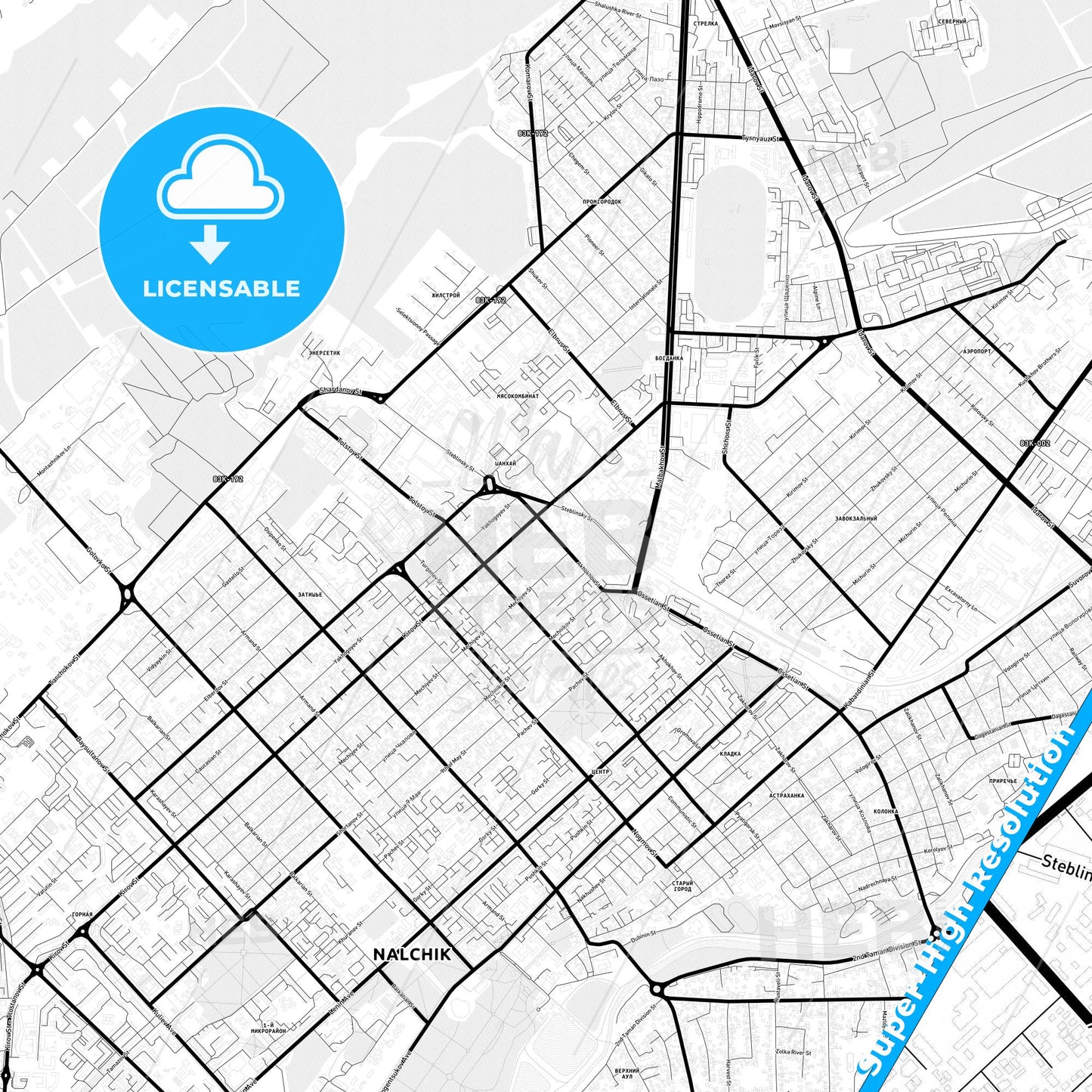 Nalchik, Russia Light Map with Street Names, City Names, and Districts