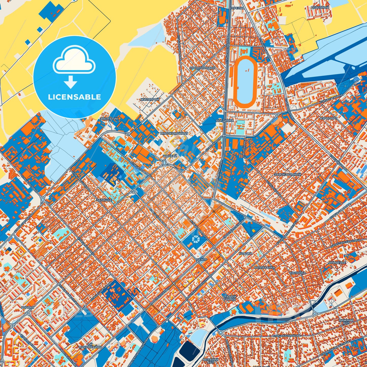 Colorful Nalchik Street Map with Labels and Buildings