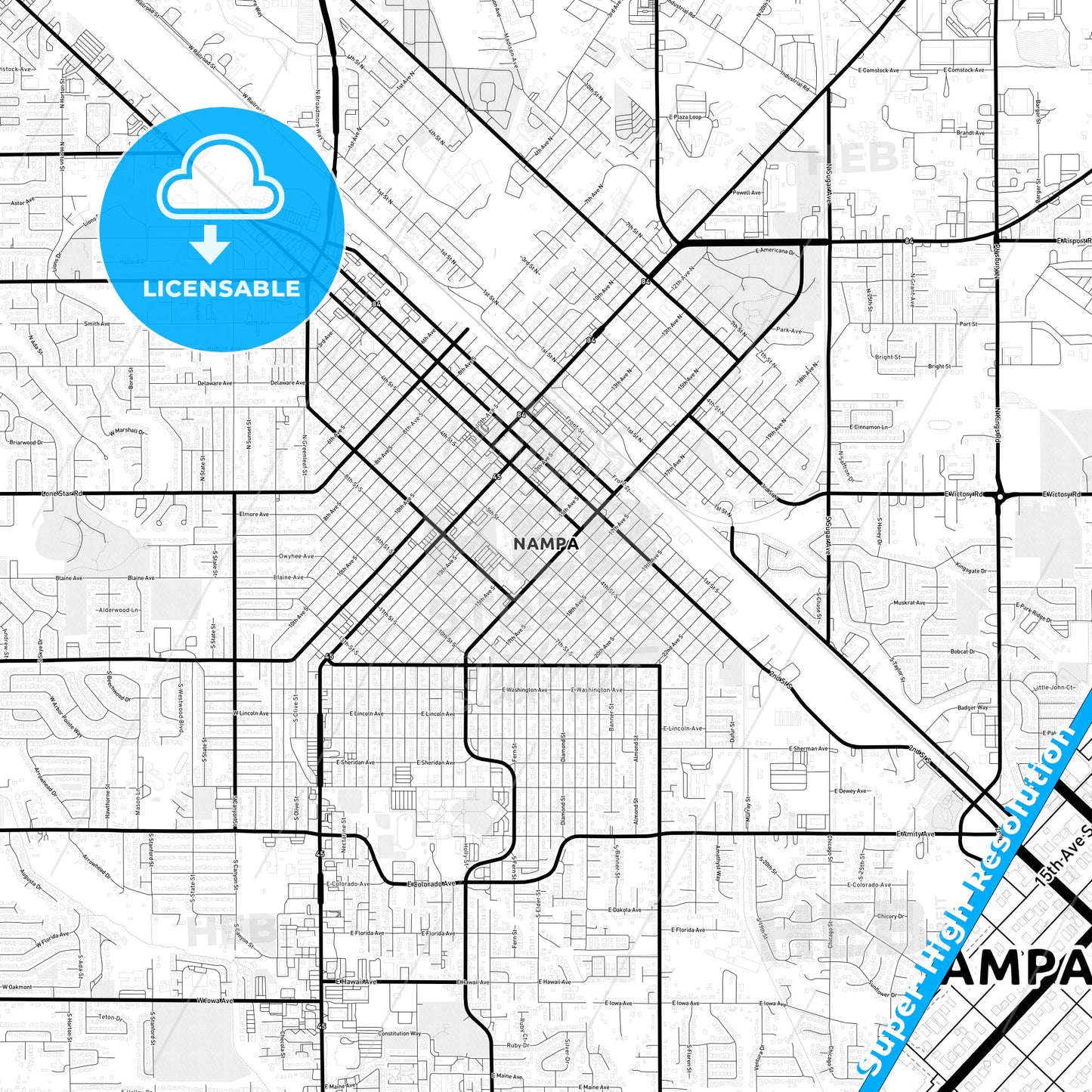 Nampa, Idaho Light Map with Street Names, City Names, and Districts