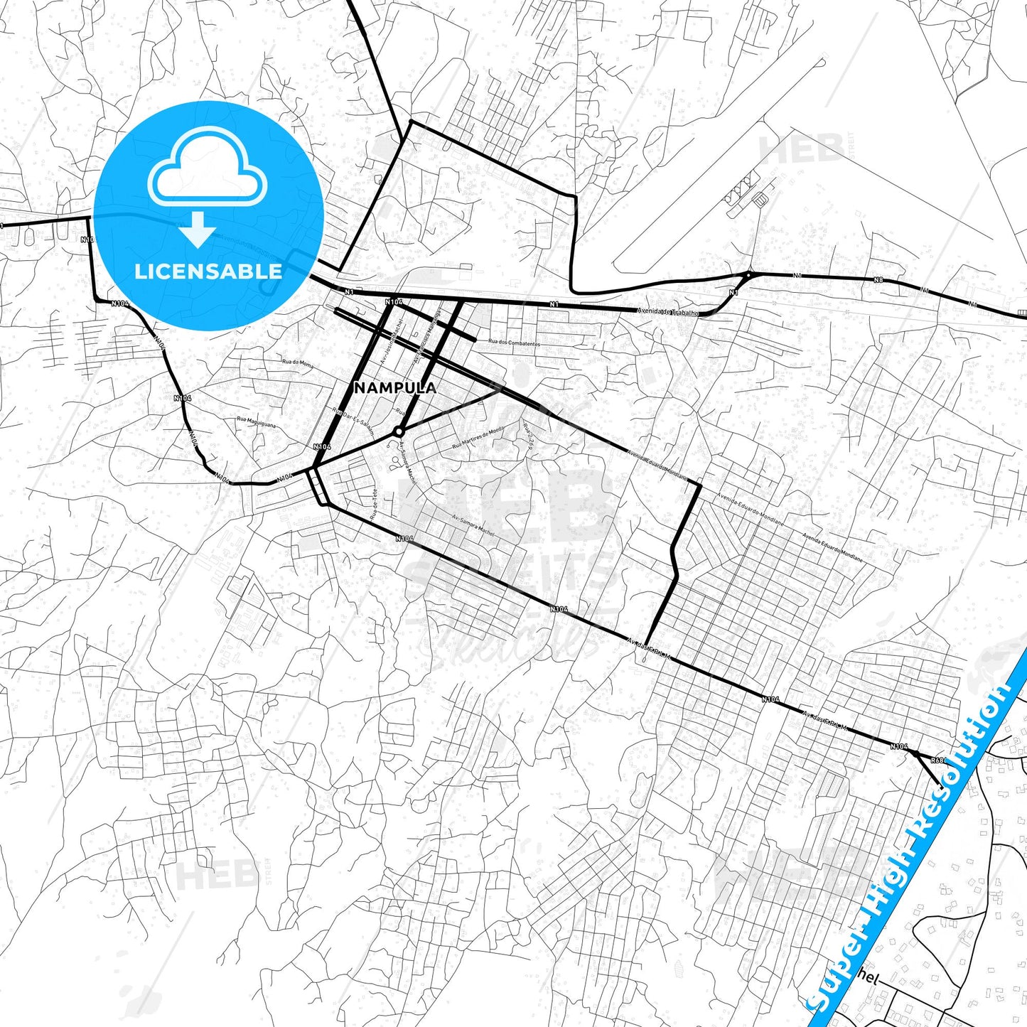 Nampula, Mozambique Light Map with Street Names, City Names, and Districts