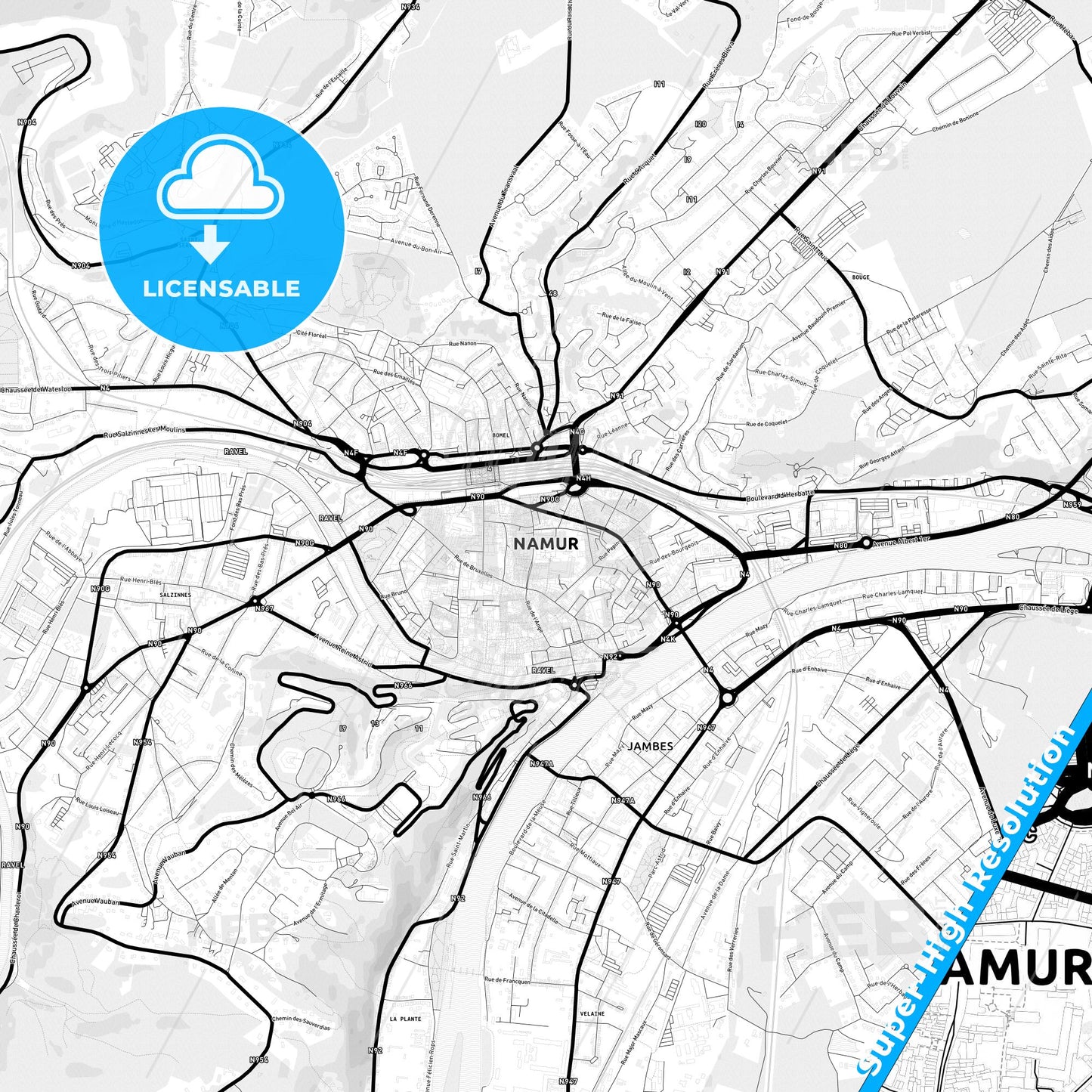 Namur, Belgium Light Map with Street Names, City Names, and Districts
