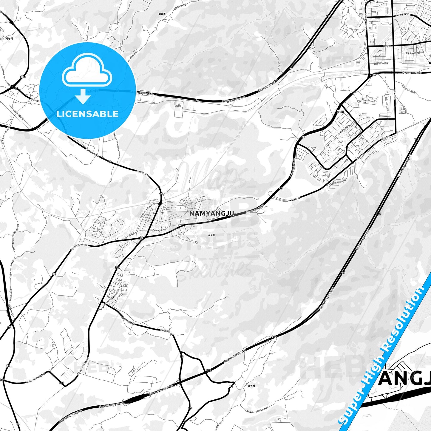 Namyangju, South Korea Light Map with Street Names, City Names, and Districts