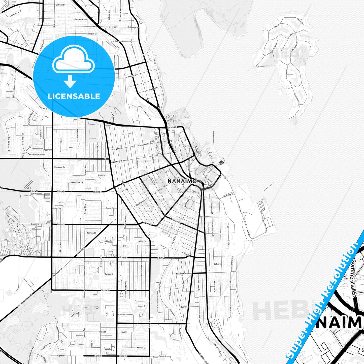 Nanaimo, Canada Light Map with Street Names, City Names, and Districts