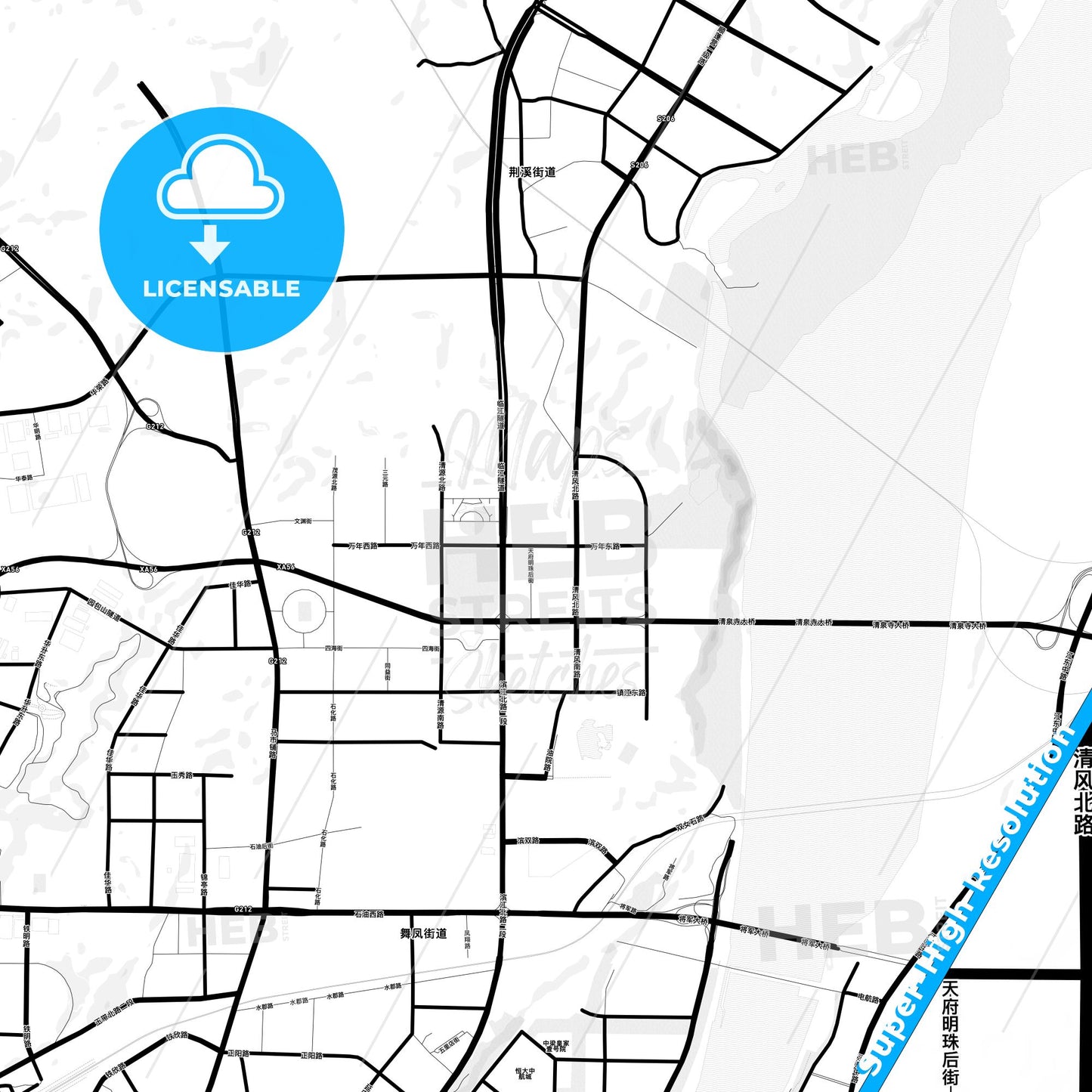Nanchong, China Light Map with Street Names, City Names, and Districts