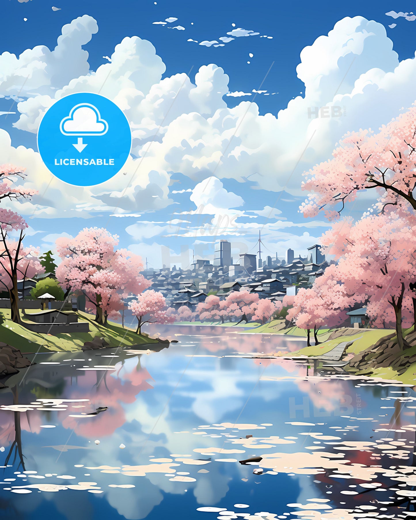 Nanchong China Cityscape Painting - Pink Trees River Downtown Skyline