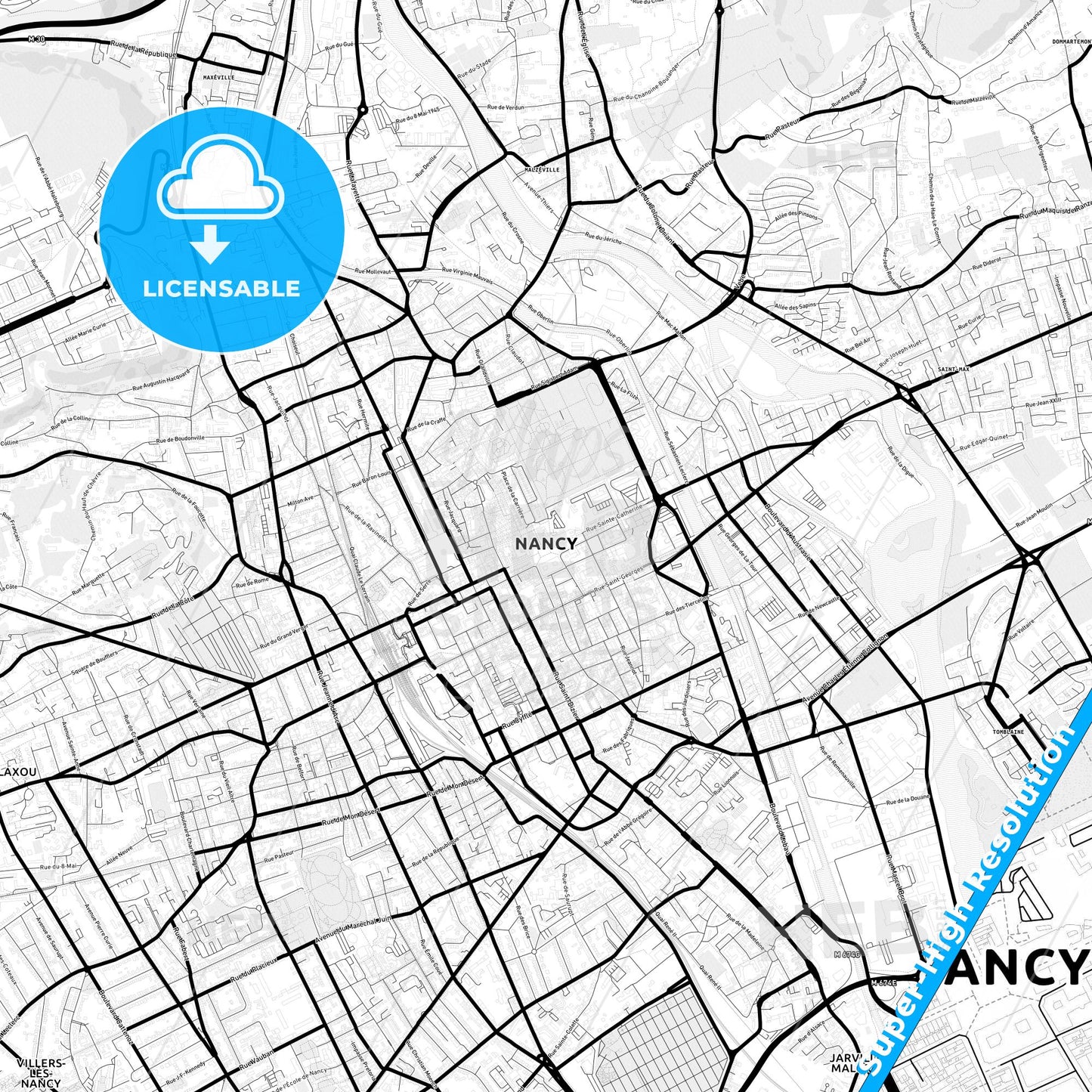 Nancy, France Light Map with Street Names, City Names, and Districts
