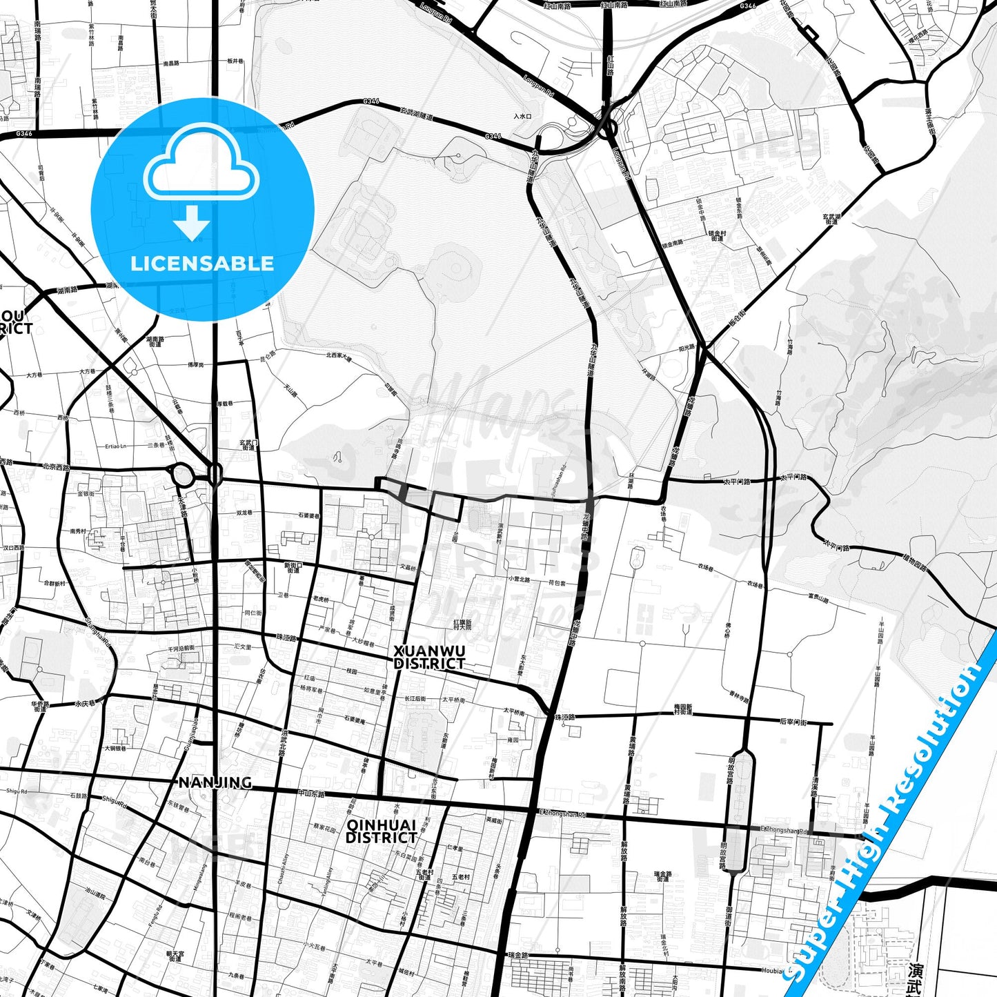 Nanjing, China Light Map with Street Names, City Names, and Districts