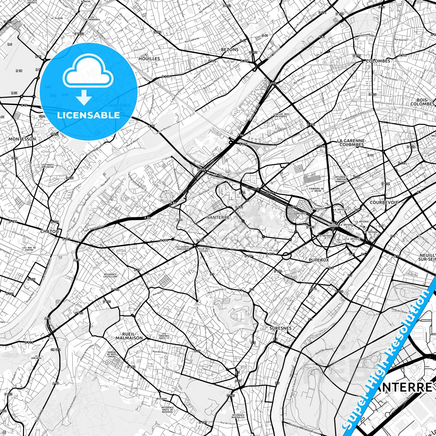 Nanterre, France Light Map with Street Names, City Names, and Districts