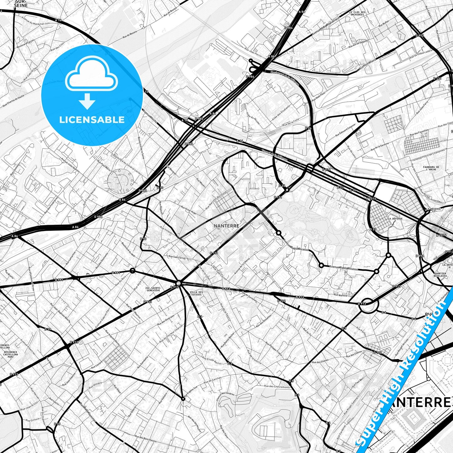 Nanterre, France Light Map with Street Names, City Names, and Districts