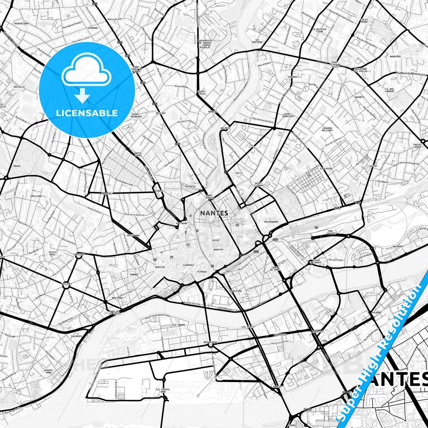 Nantes, France Light Map with Street Names, City Names, and Districts