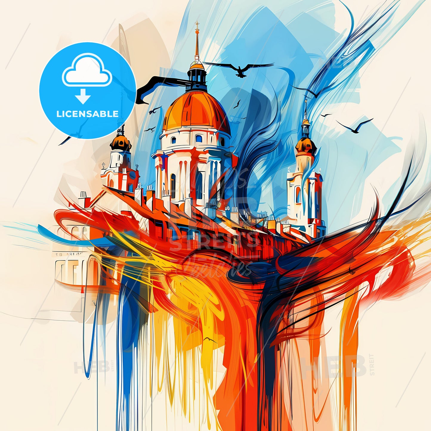 Vibrant Nantes, France - A Painting Of A Building With Birds Flying