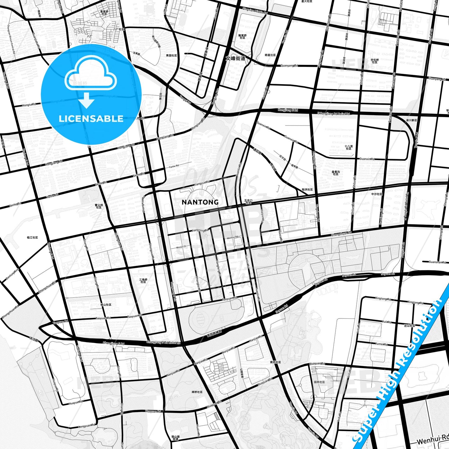 Nantong, China Light Map with Street Names, City Names, and Districts