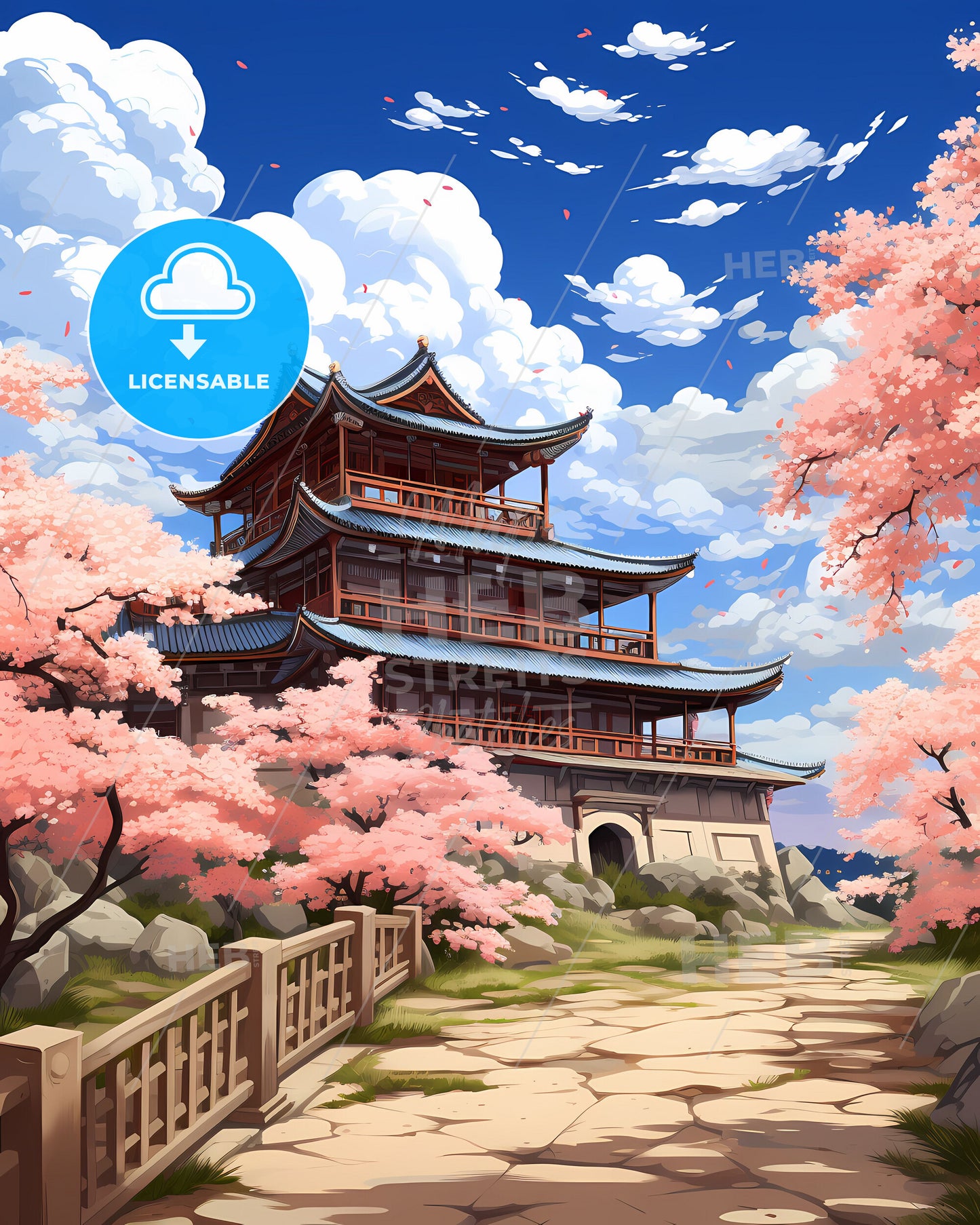 Artistic Skyline of Nantong Featuring Painted Building with Fence and Pink Flowers