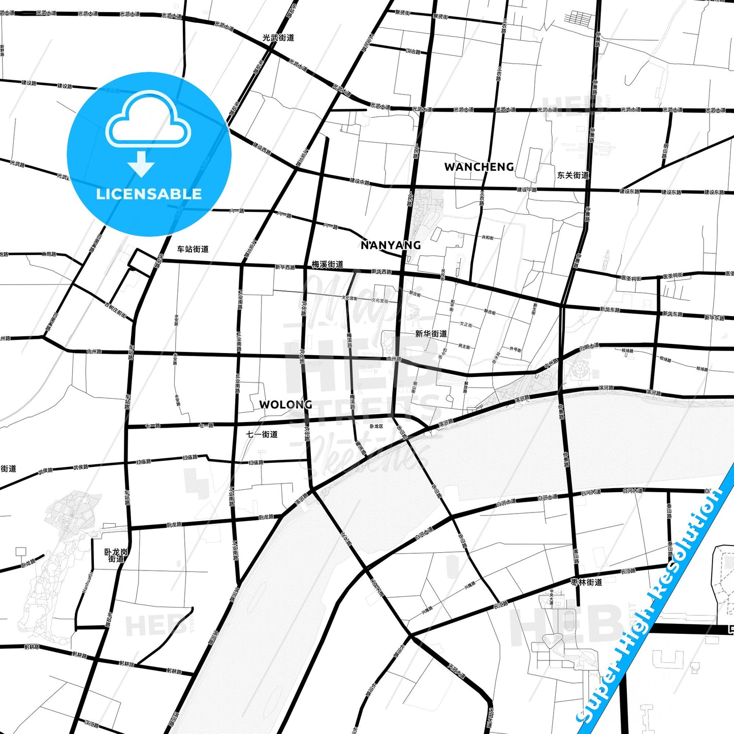 Nanyang, China Light Map with Street Names, City Names, and Districts