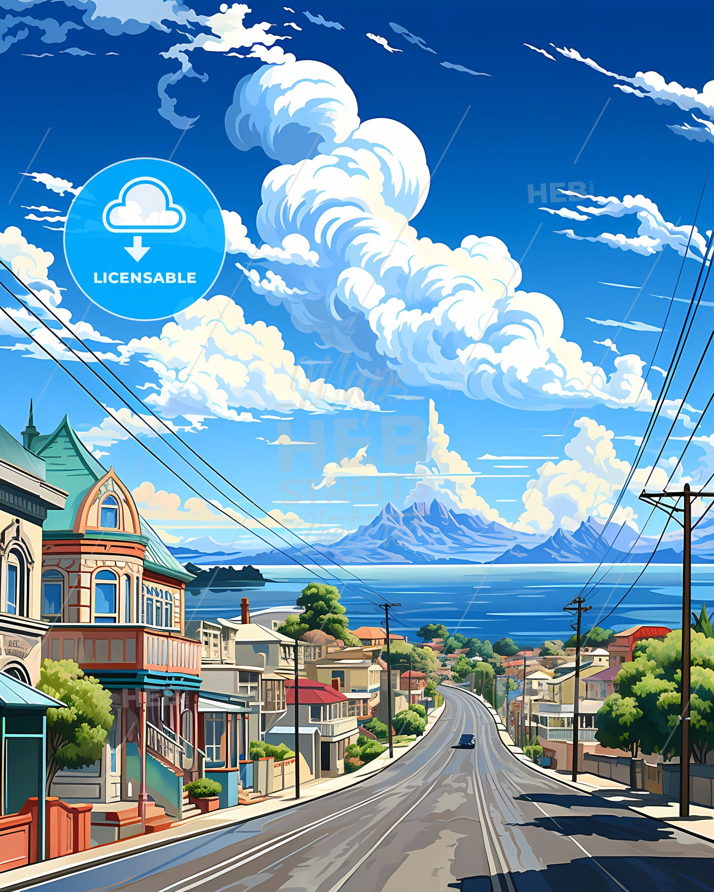 Vibrant Artistic Street Scene of Napier-Hastings Skyline with Houses, Power Lines, and Majestic Mountains