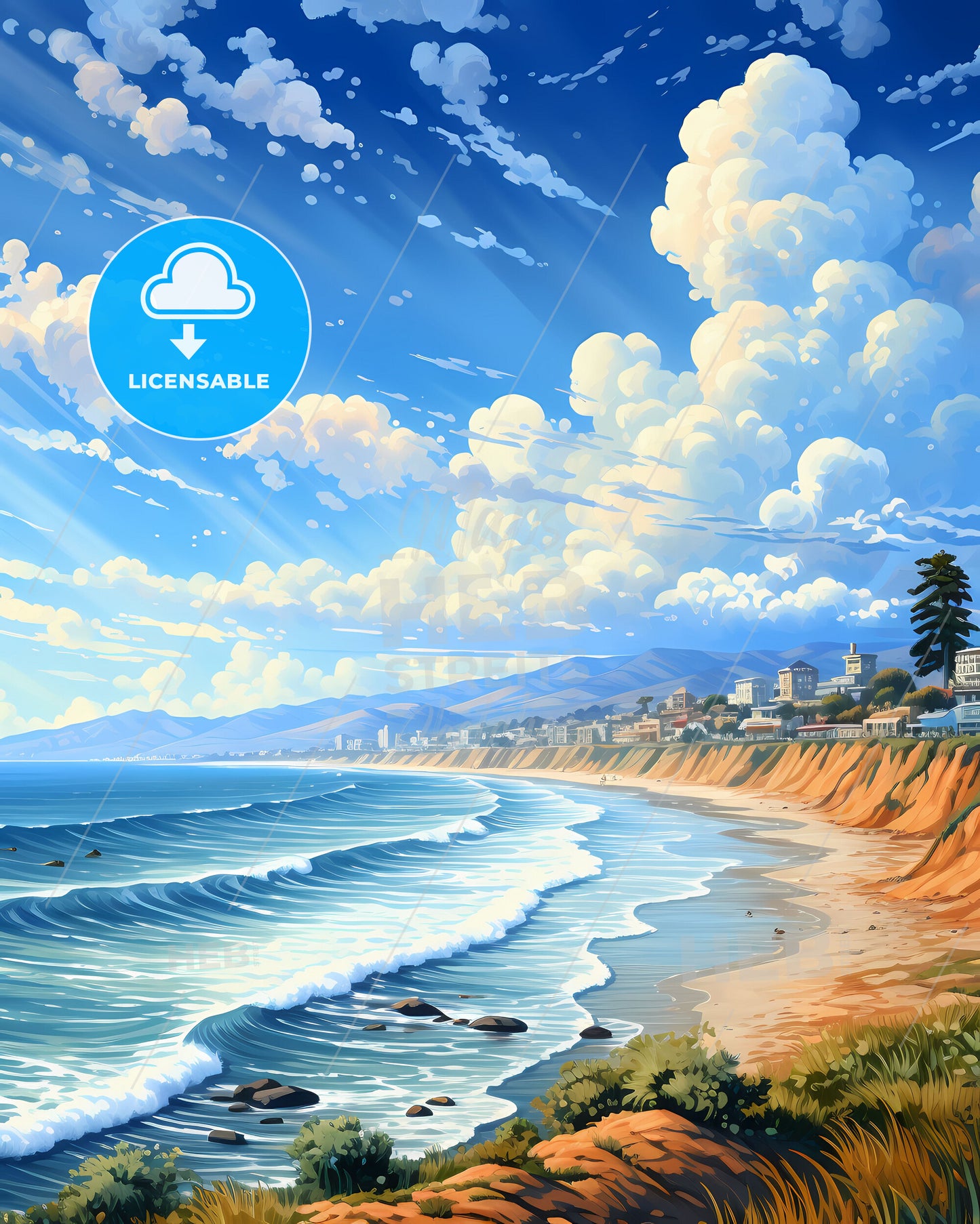 Napier-Hastings Skyline Painting Vibrant Beach Buildings Artwork Coastal New Zealand