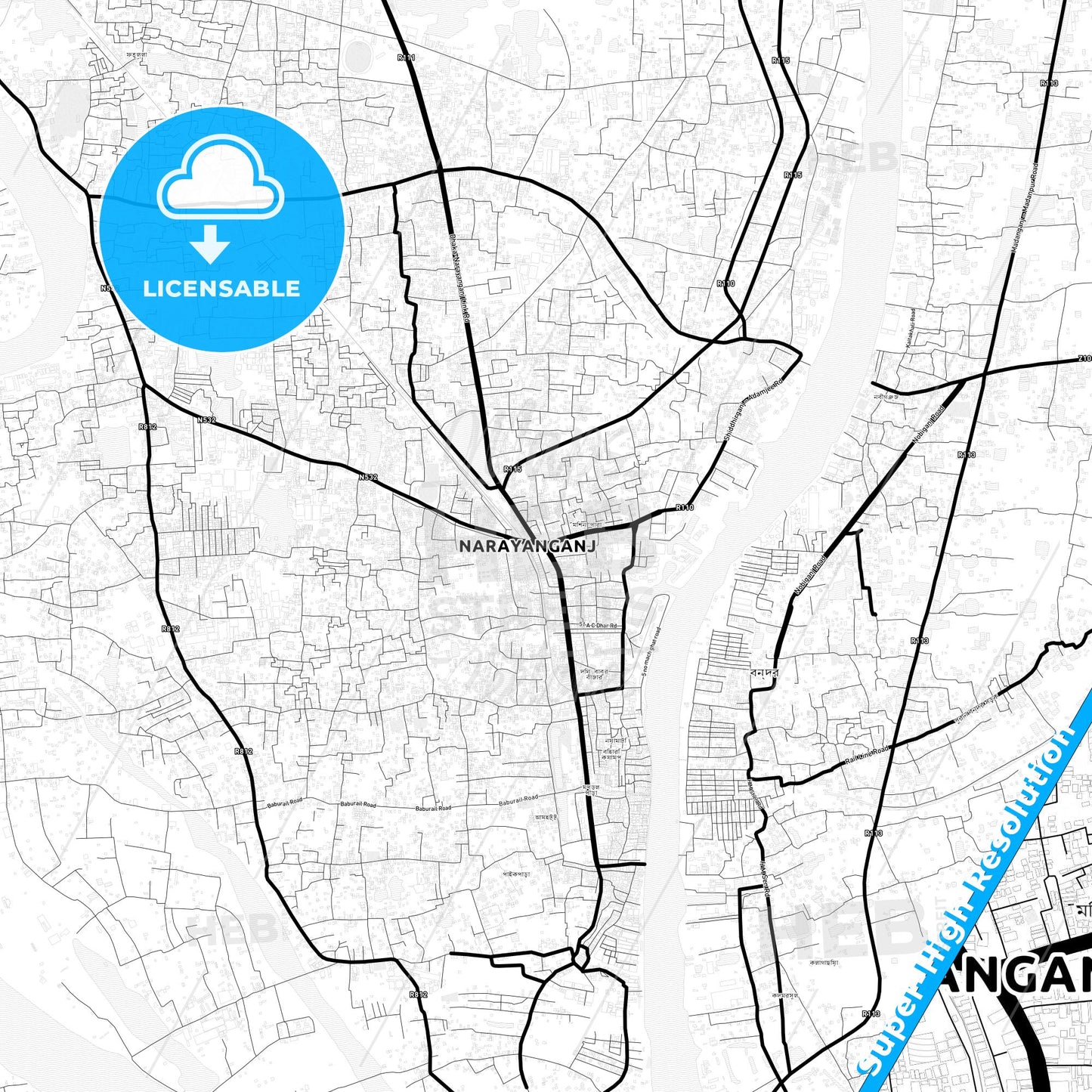 Narayanganj, Bangladesh Light Map with Street Names, City Names, and Districts