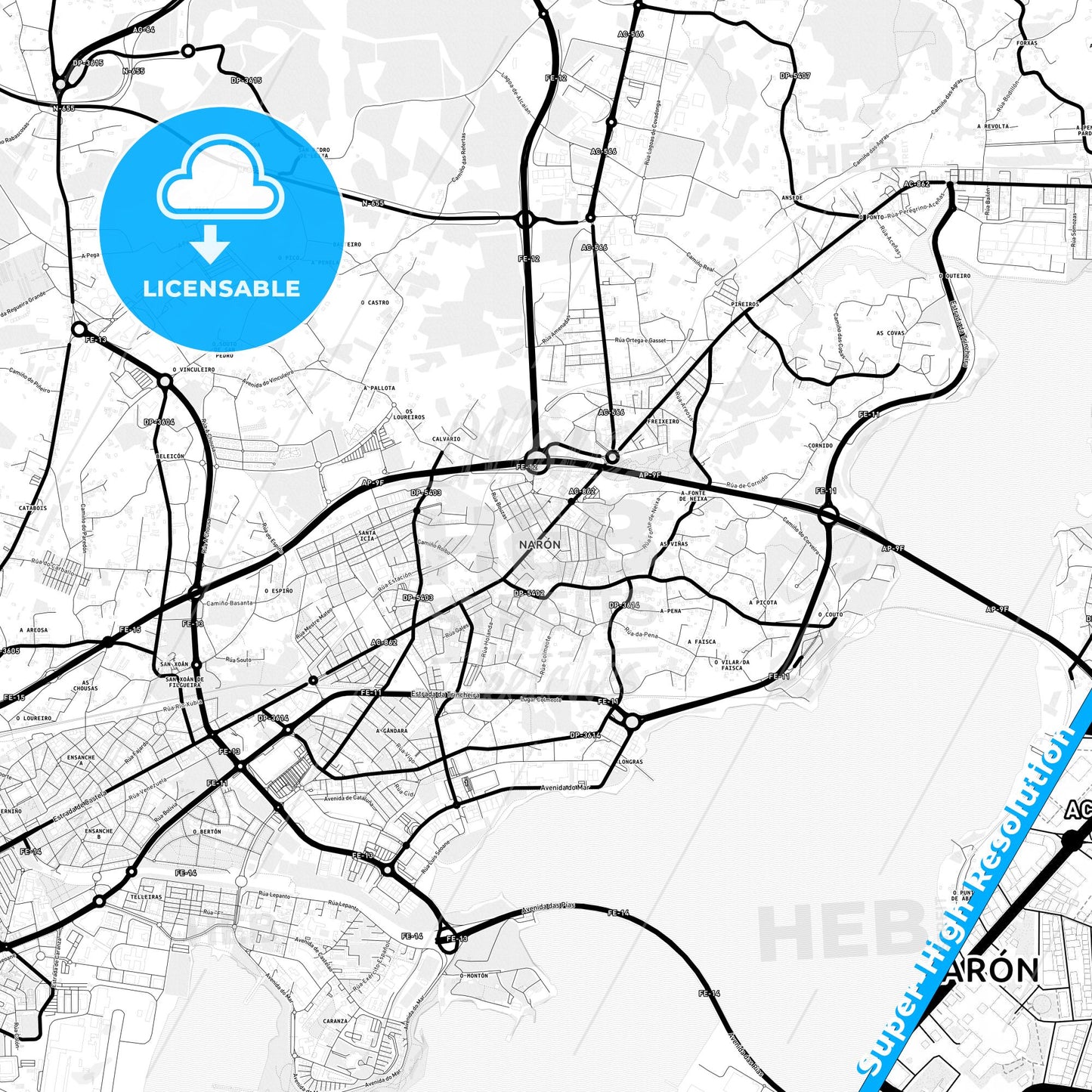 Narón, Spain Light Map with Street Names, City Names, and Districts
