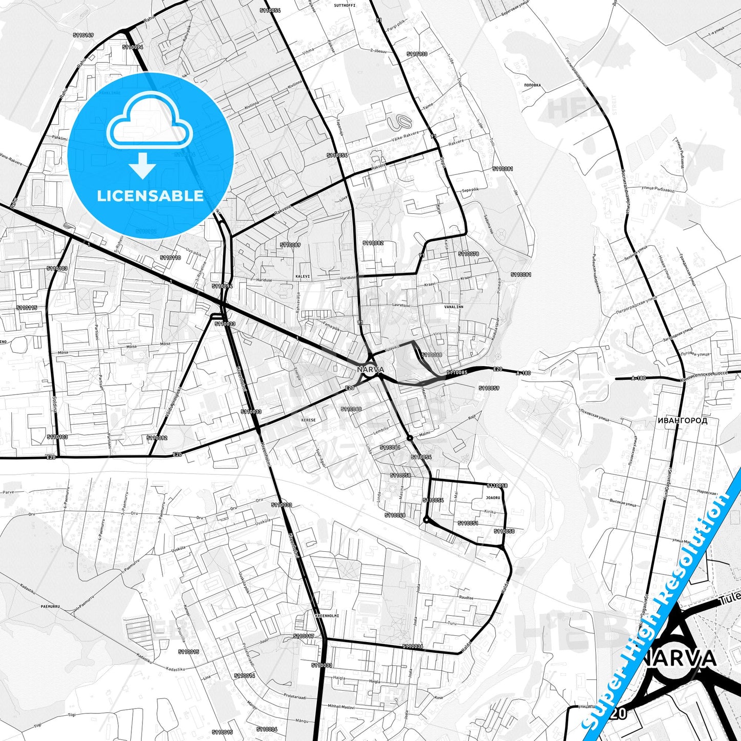 Narva, Estonia Light Map with Street Names, City Names, and Districts