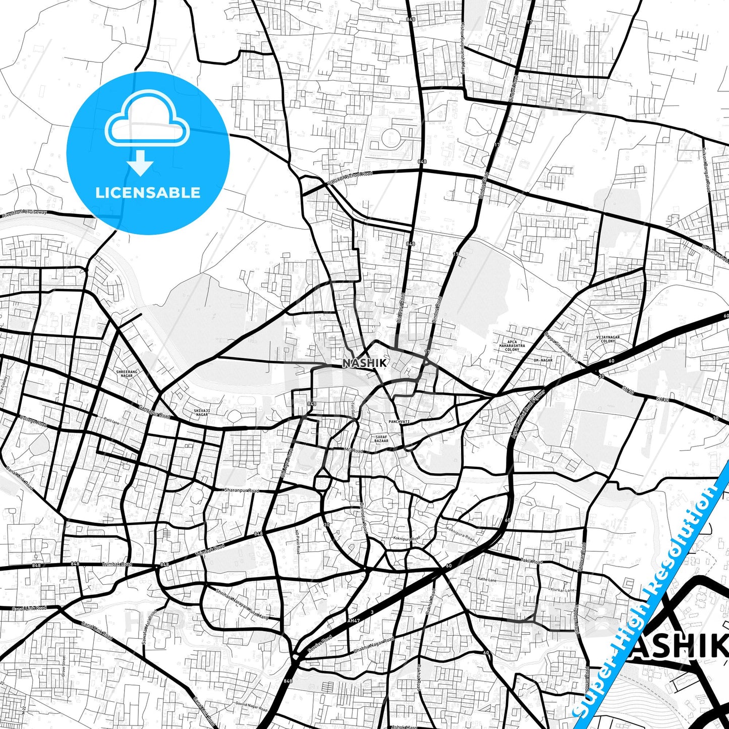 Nashik, India Light Map with Street Names, City Names, and Districts