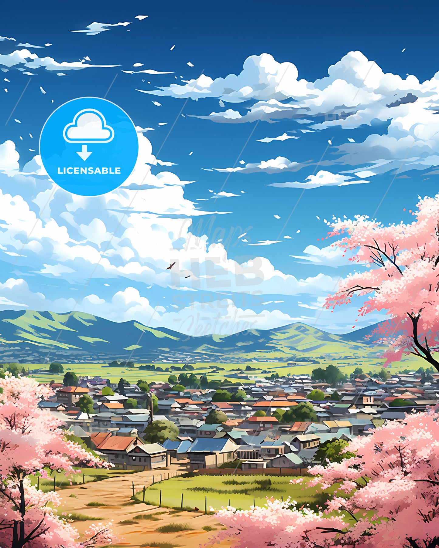 Nashik India Skyline Panorama Landscape Pink Bushes Flowers Art Print Painting