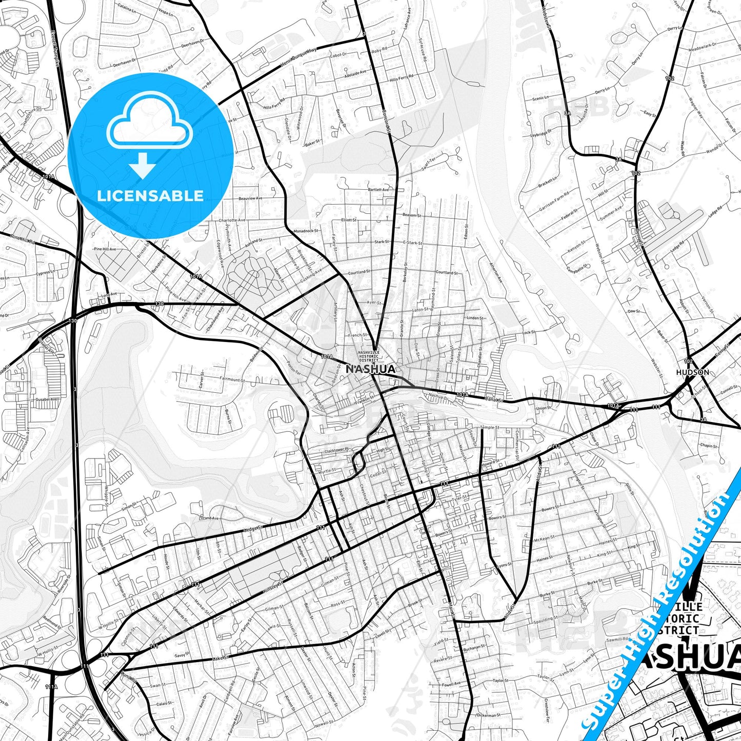 Nashua, New Hampshire Light Map with Street Names, City Names, and Districts