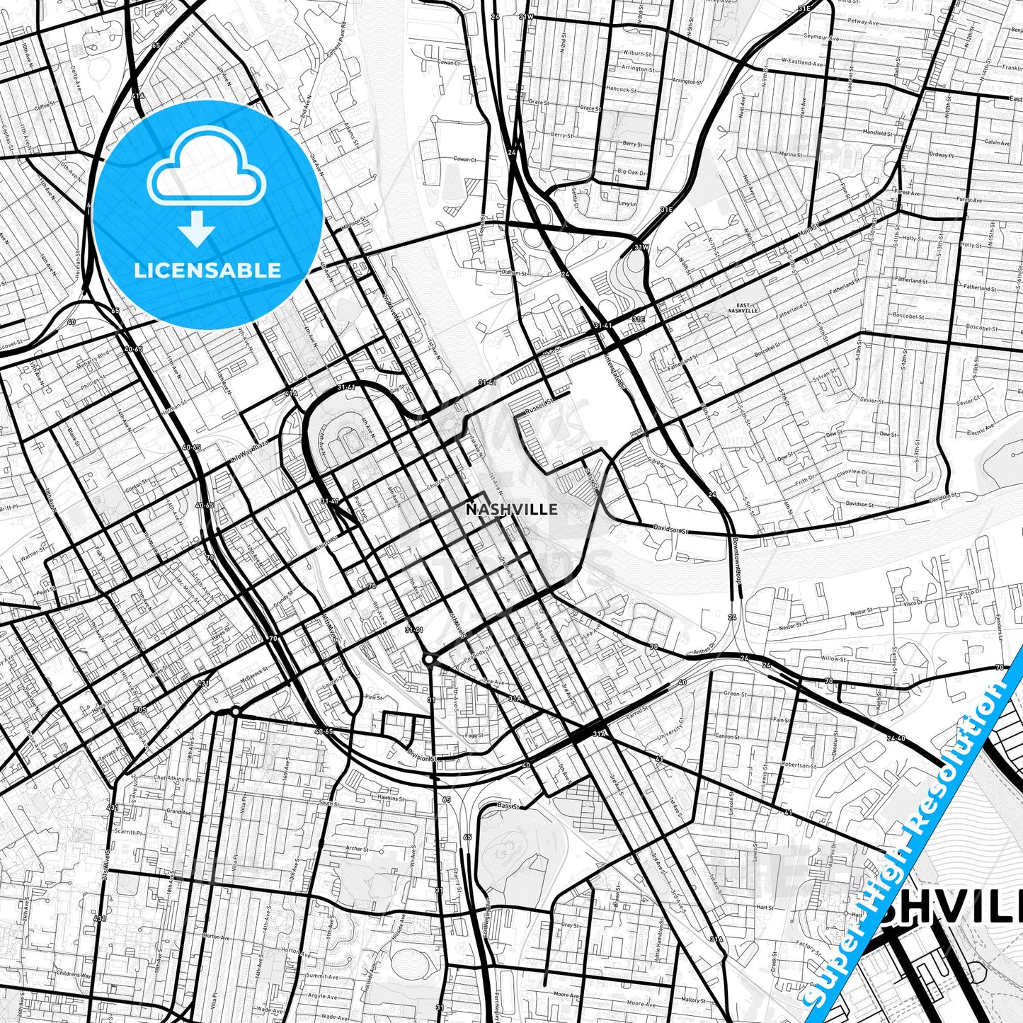 Nashville, Tennessee Light Map with Street Names, City Names, and Districts