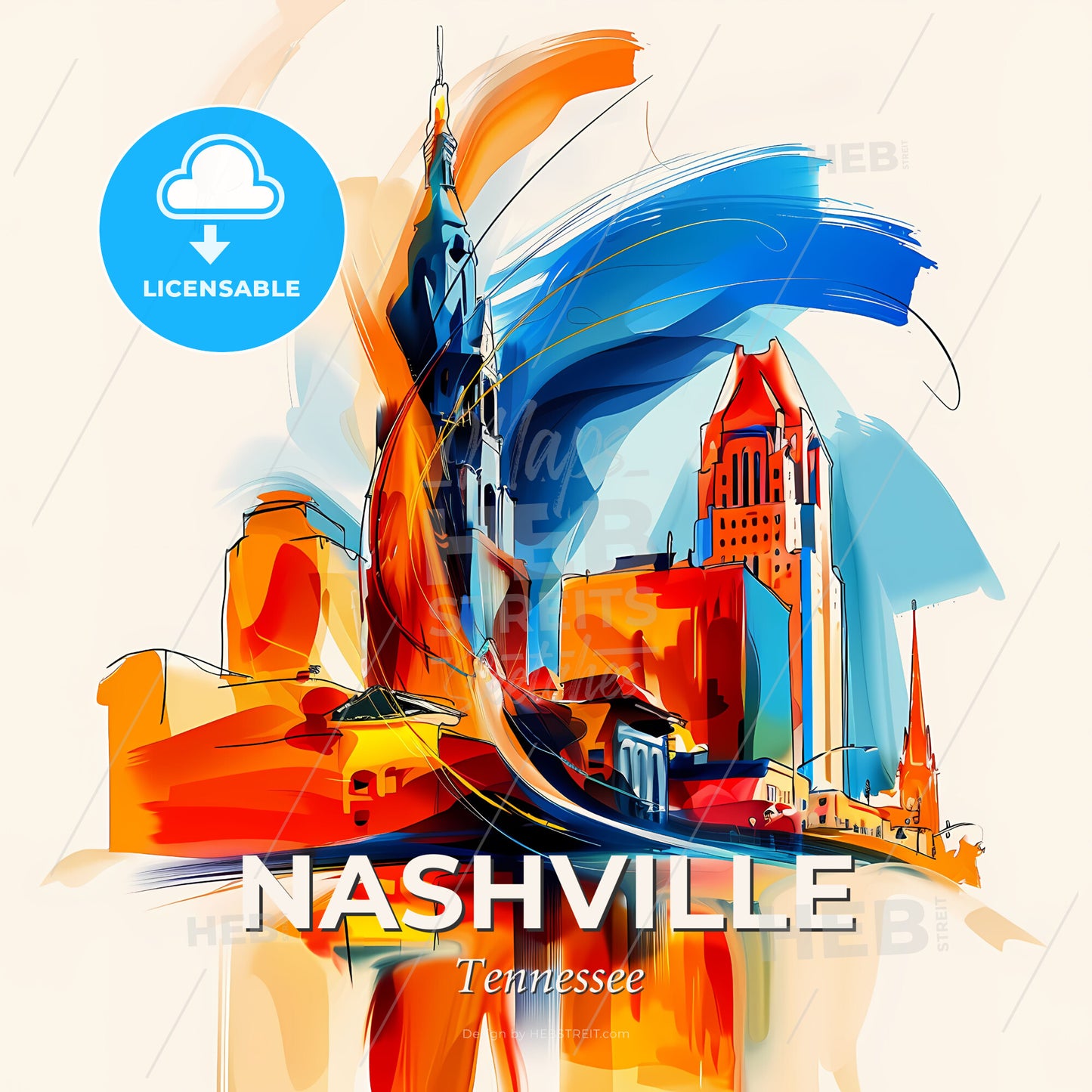 Vibrant Nashville, Tennessee - A Colorful Cityscape With A Tall Tower - Square format print template