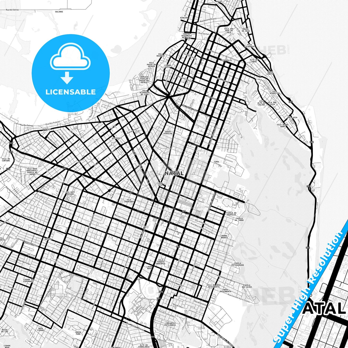 Natal, Brazil Light Map with Street Names, City Names, and Districts
