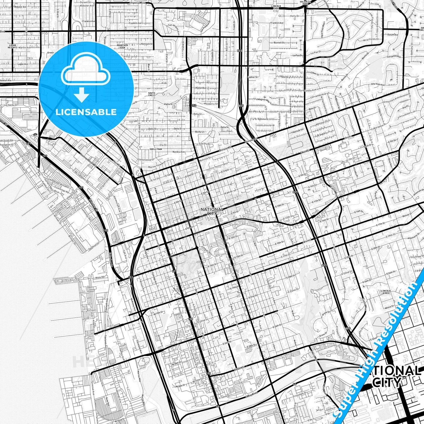 National City, California Light Map with Street Names, City Names, and Districts