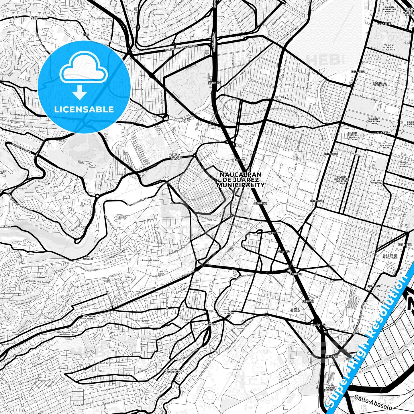 Naucalpan, Mexico Light Map with Street Names, City Names, and Districts