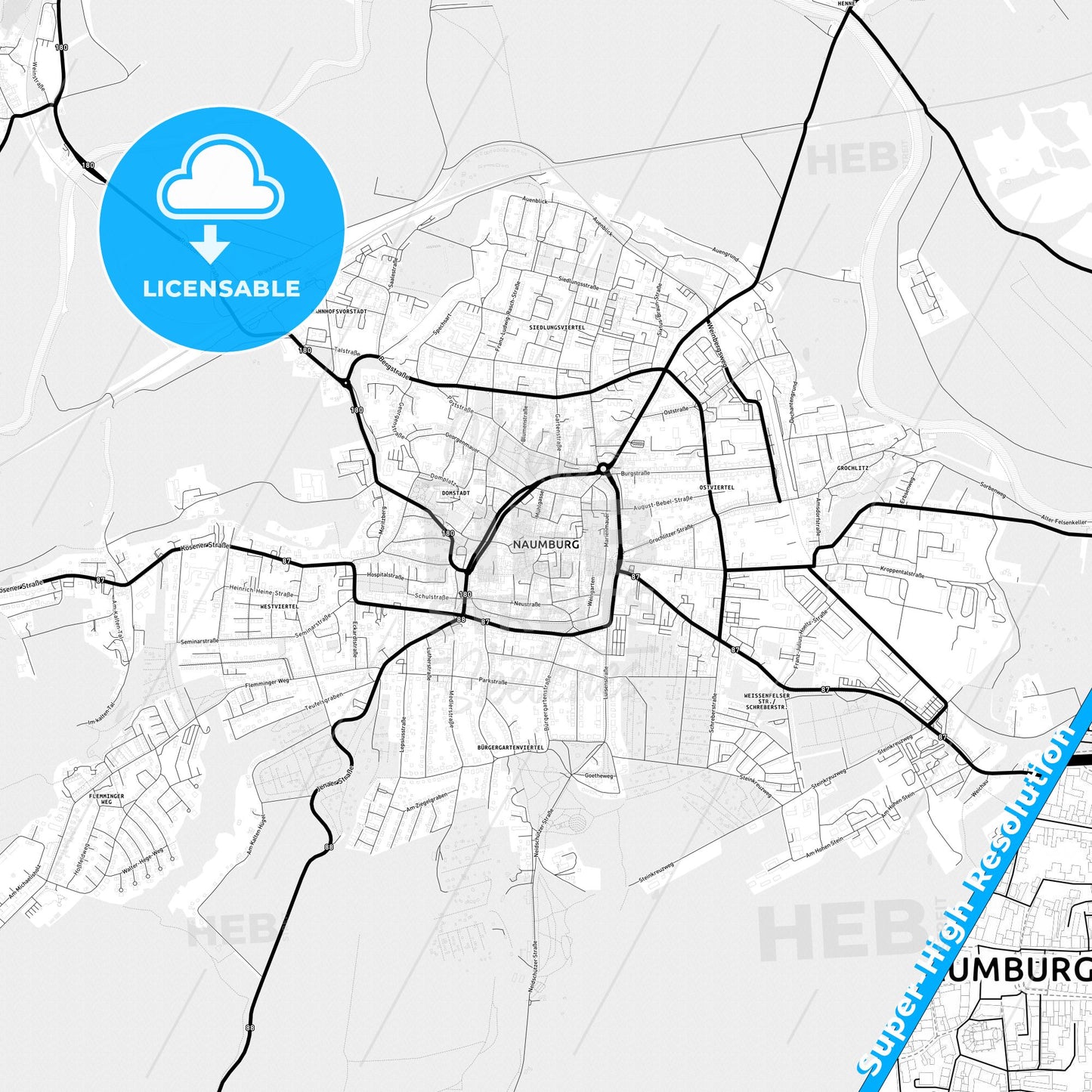 Naumburg (Saale), Germany Light Map with Street Names, City Names, and Districts
