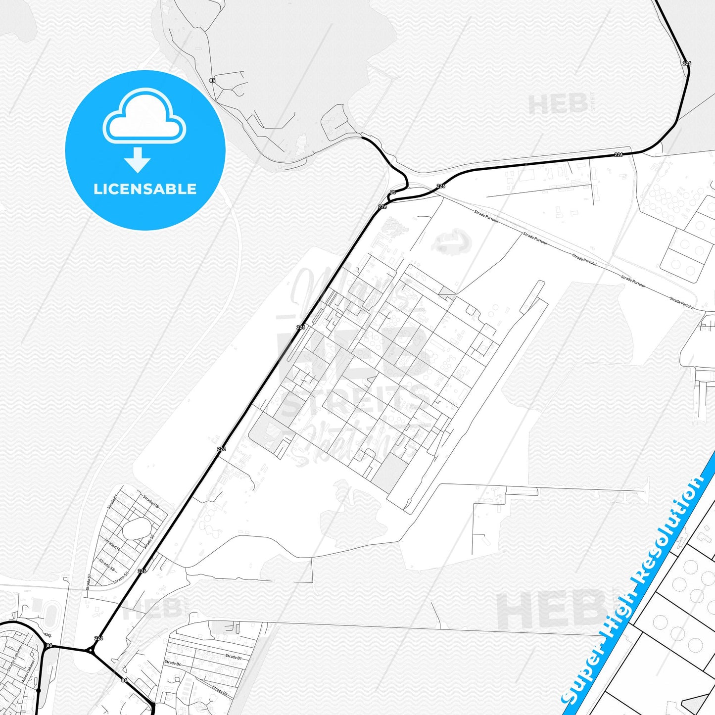 Năvodari, Romania Light Map with Street Names, City Names, and Districts