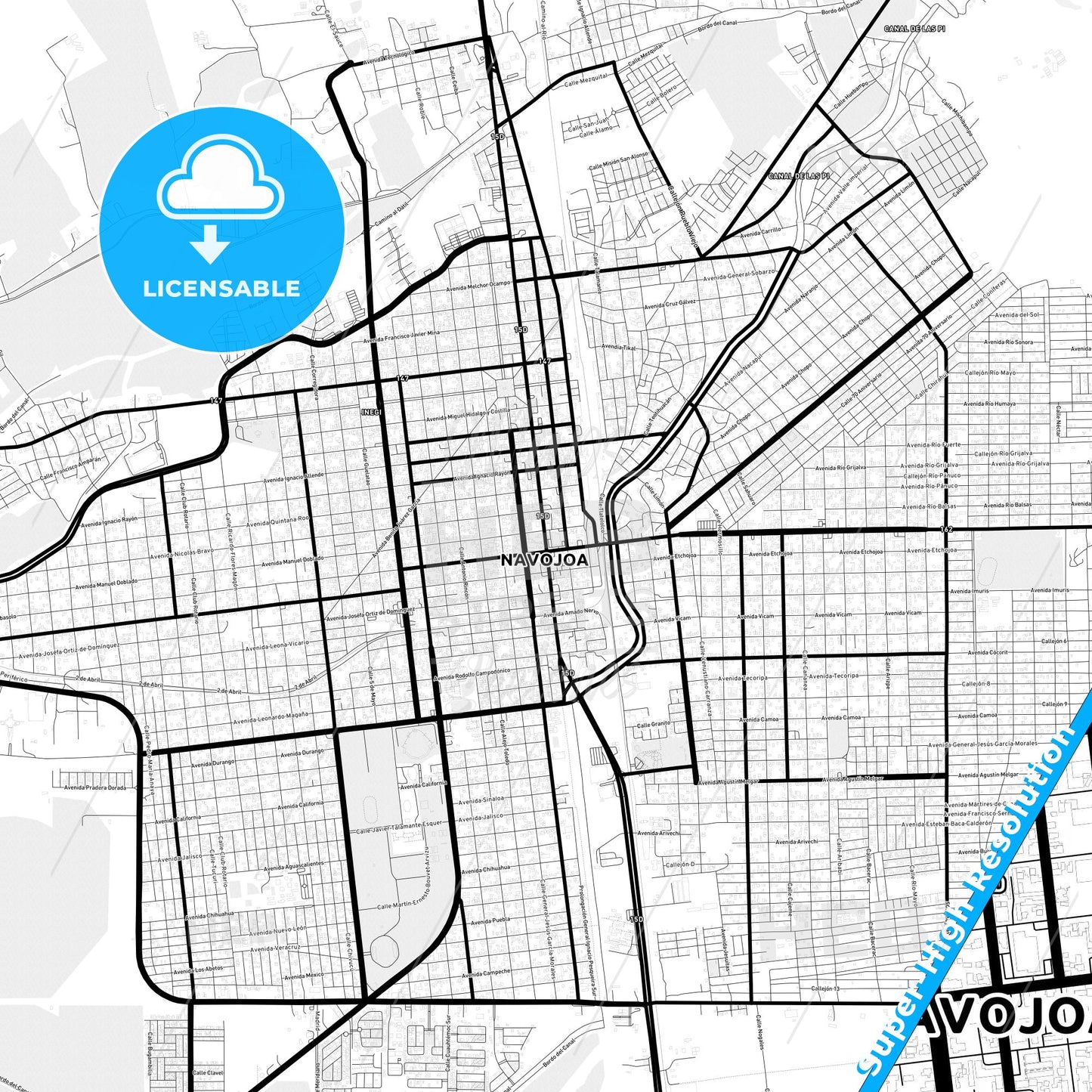 Navojoa, Mexico Light Map with Street Names, City Names, and Districts
