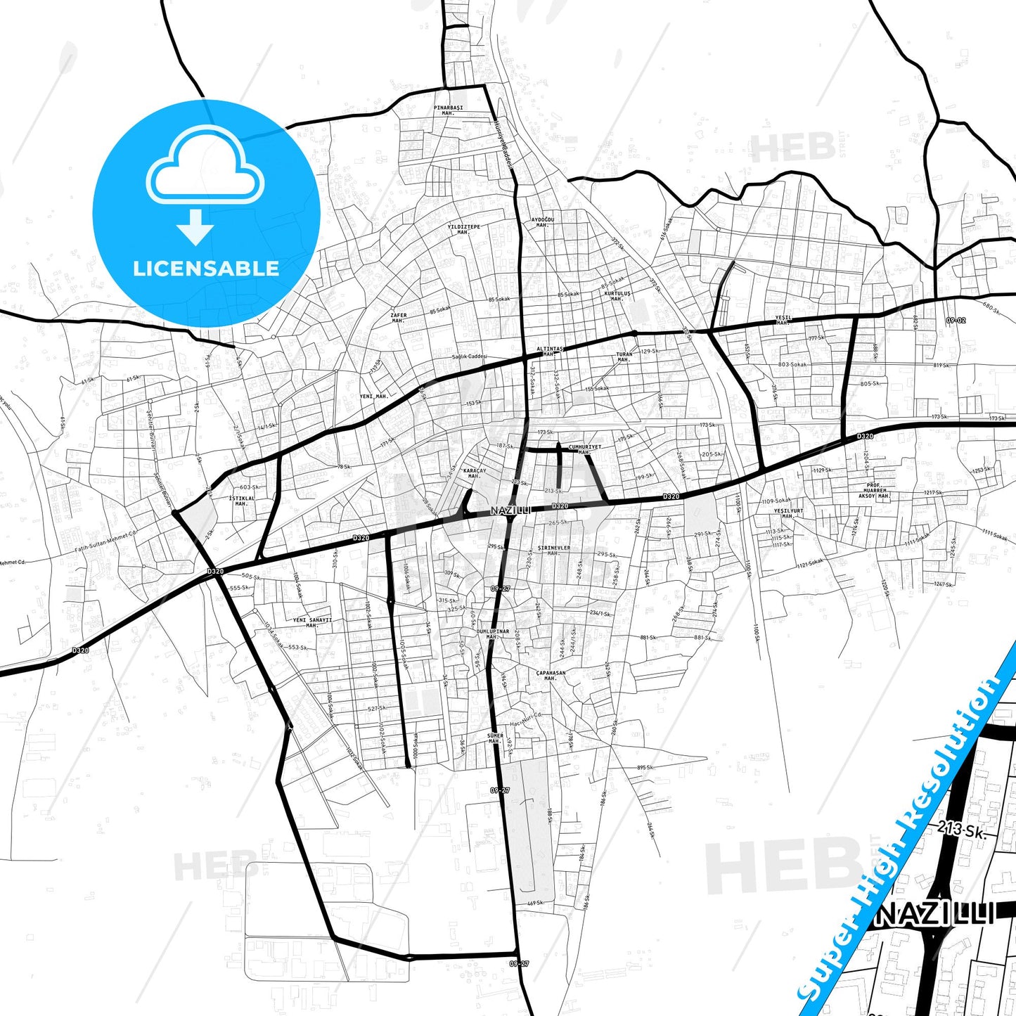 Nazilli, Turkey Light Map with Street Names, City Names, and Districts