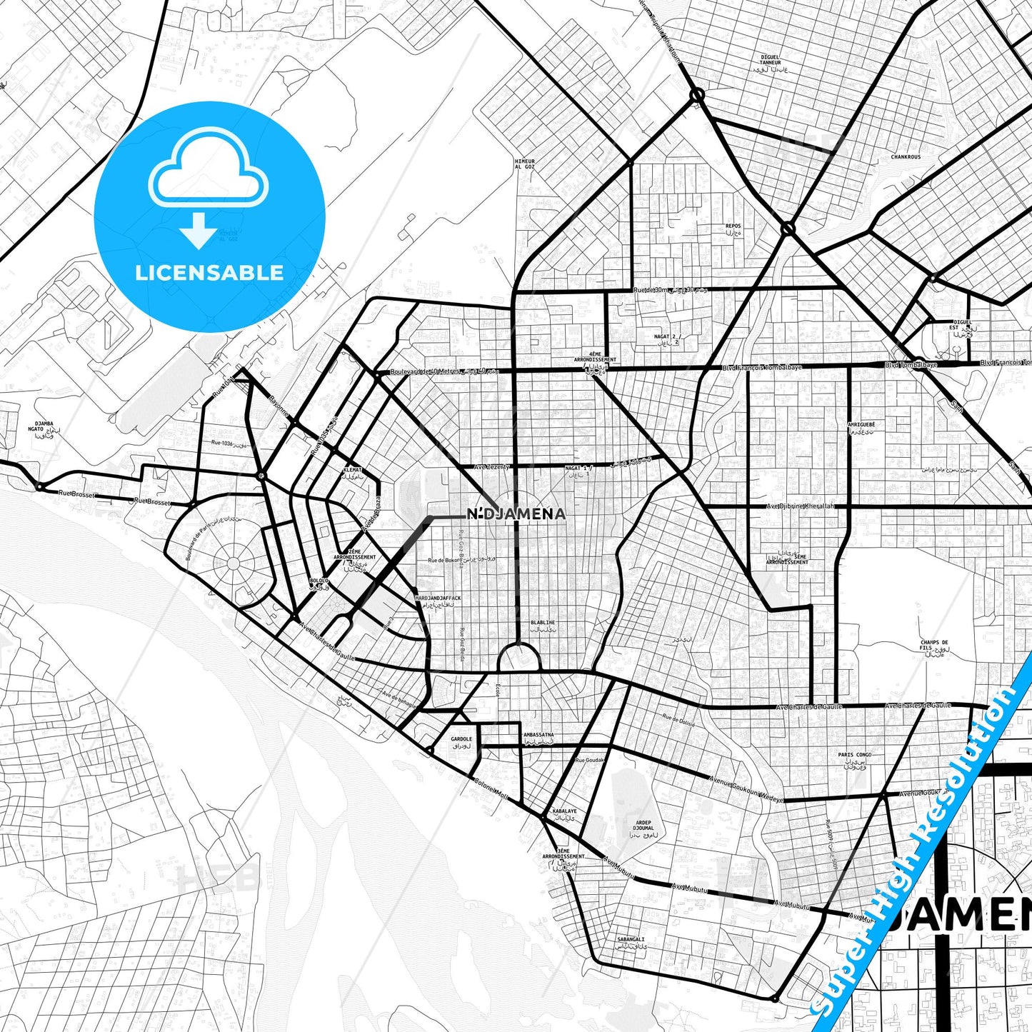 NDjamena, Chad Light Map with Street Names, City Names, and Districts