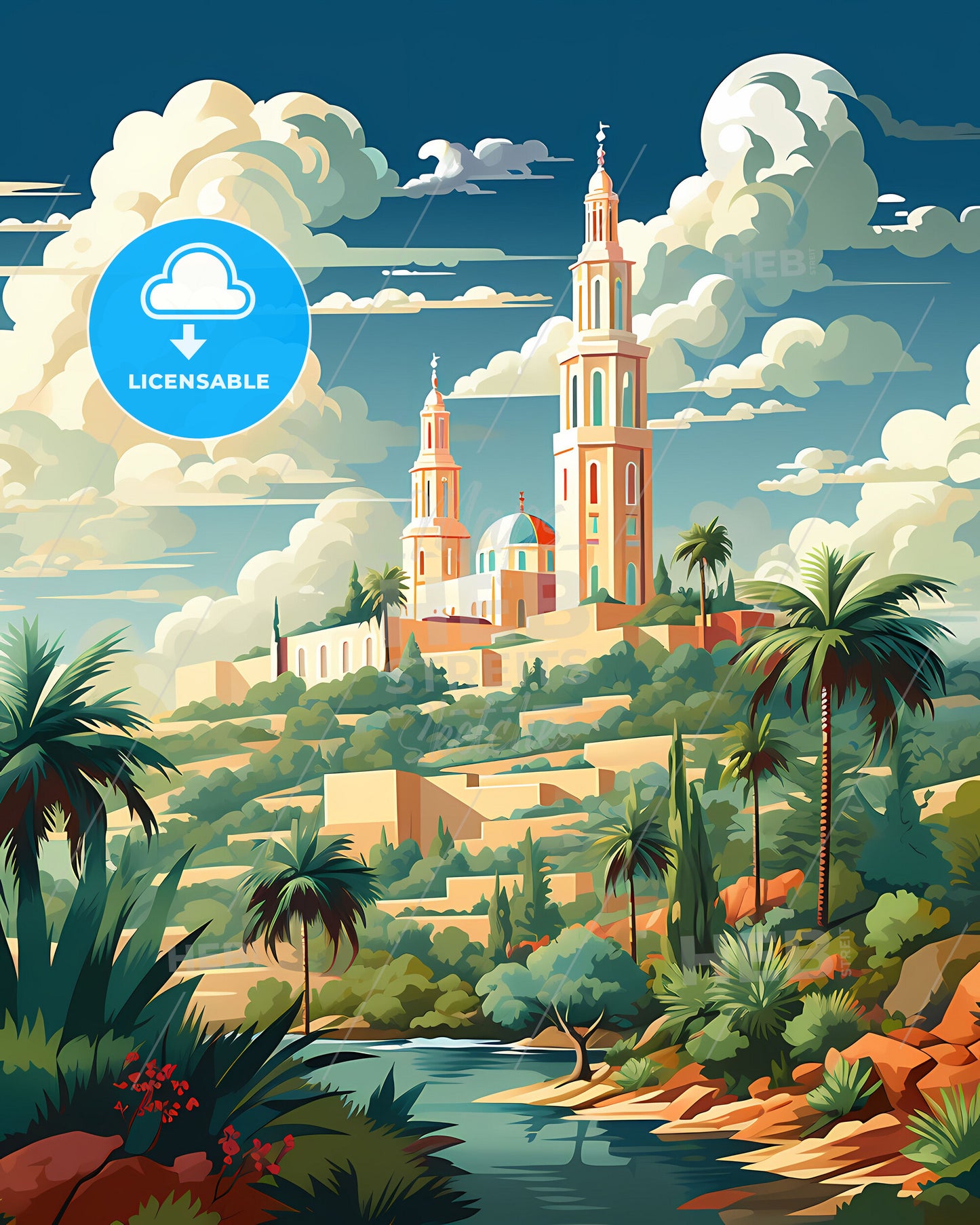 NDjamena Chad Skyline Painting - Vibrant Art Depicting a Castle on a Hill with Palm Trees and a River