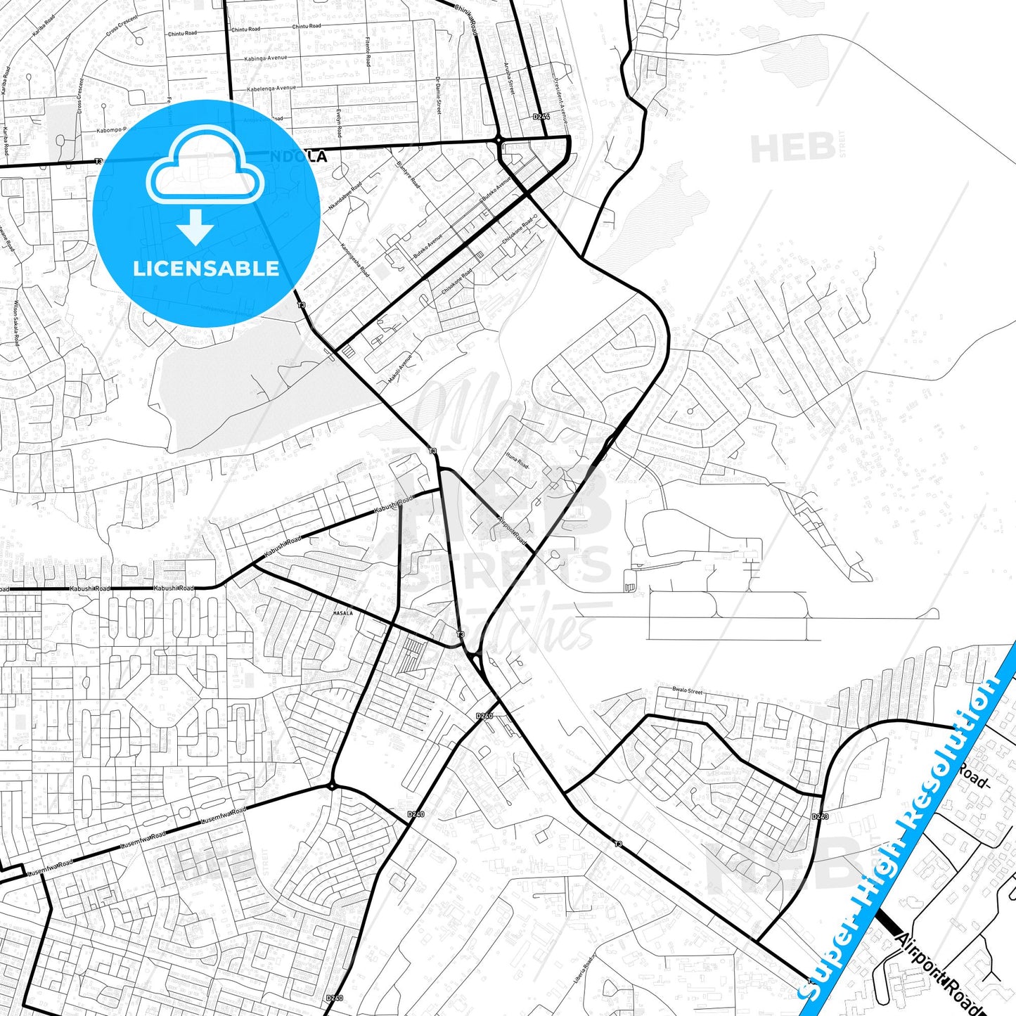 Ndola, Zambia Light Map with Street Names, City Names, and Districts