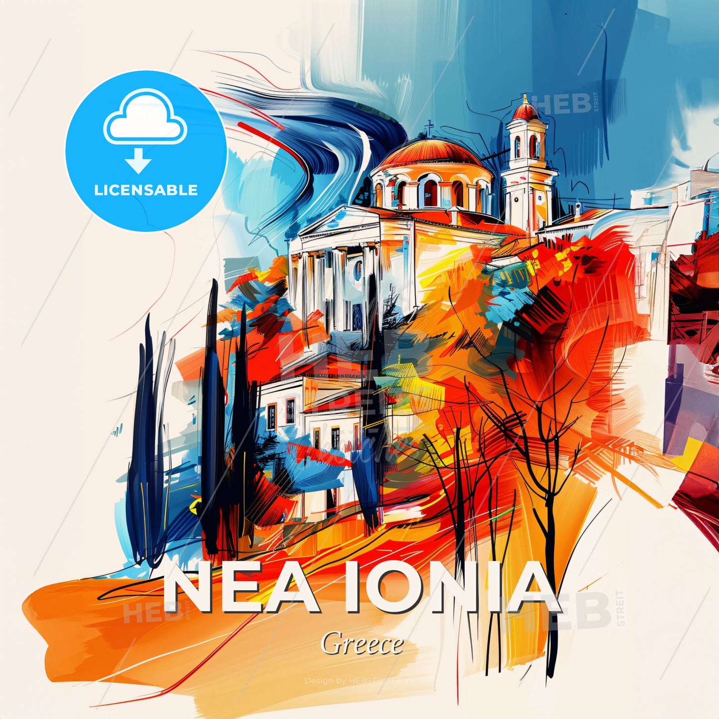 Vibrant Nea Ionia, Greece - A Painting Of A Building On A Hill - Square format print template