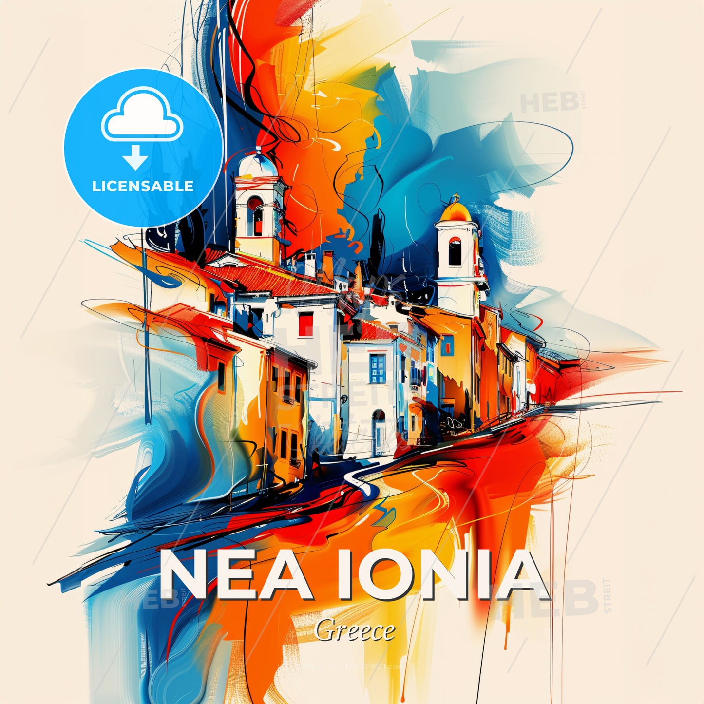 Vibrant Nea Ionia, Greece - A Painting Of A Colorful Town - Square format print template