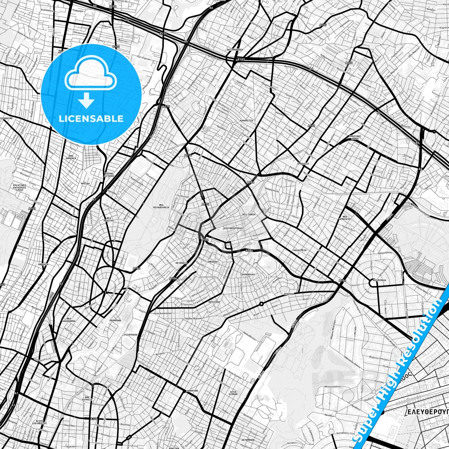 Nea Ionia, Greece Light Map with Street Names, City Names, and Districts