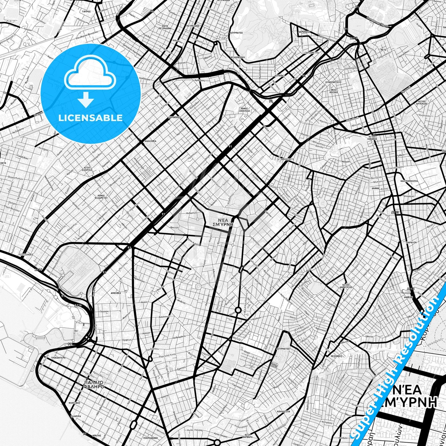 Nea Smyrni, Greece Light Map with Street Names, City Names, and Districts