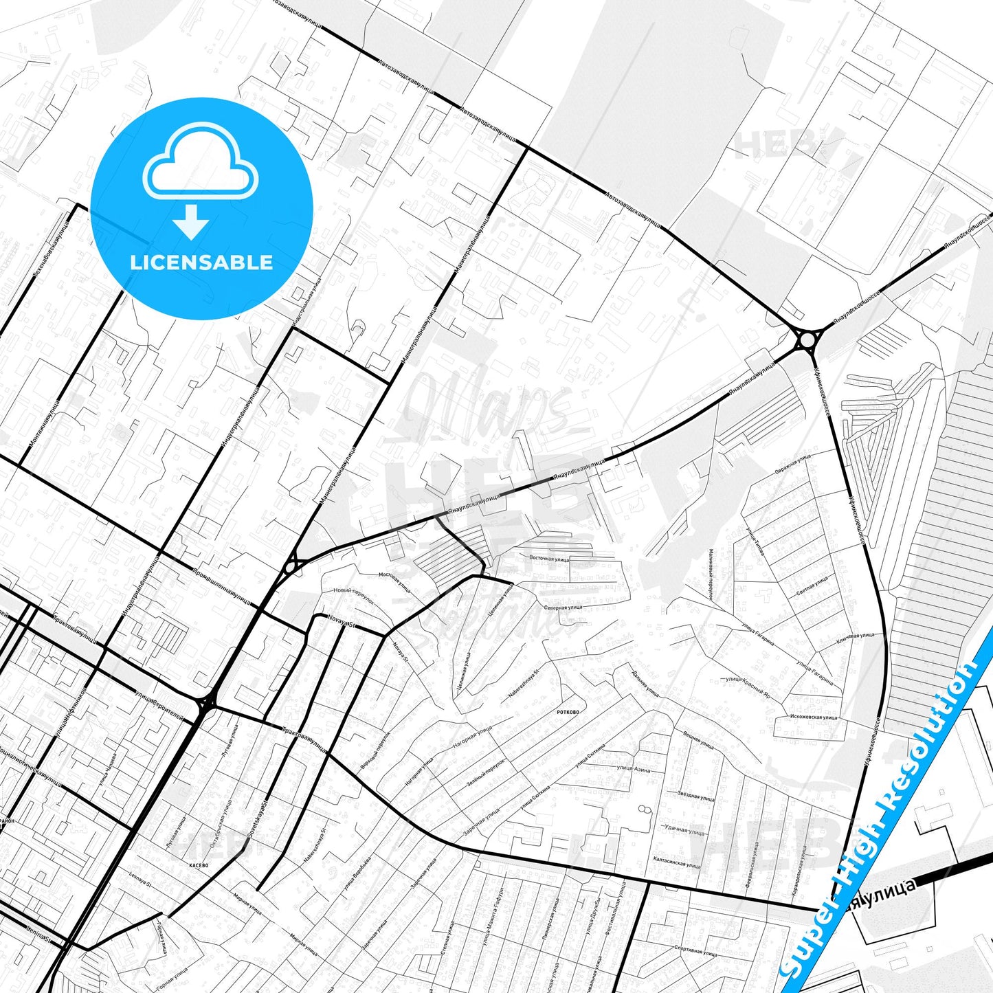 Neftekamsk, Russia Light Map with Street Names, City Names, and Districts