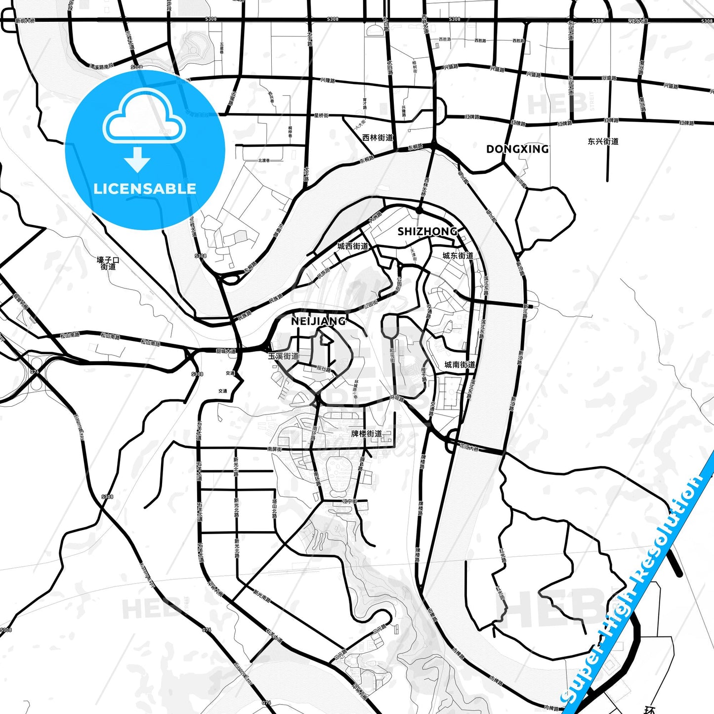 Neijiang, China Light Map with Street Names, City Names, and Districts